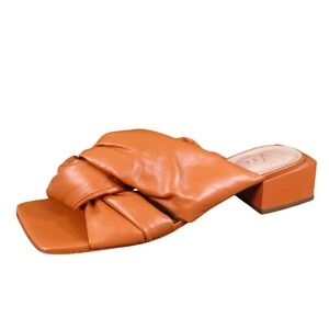 Vicenza Orange Leather Knotted Square Toe Block‎ Heel Slide Sandals Mules Size 7